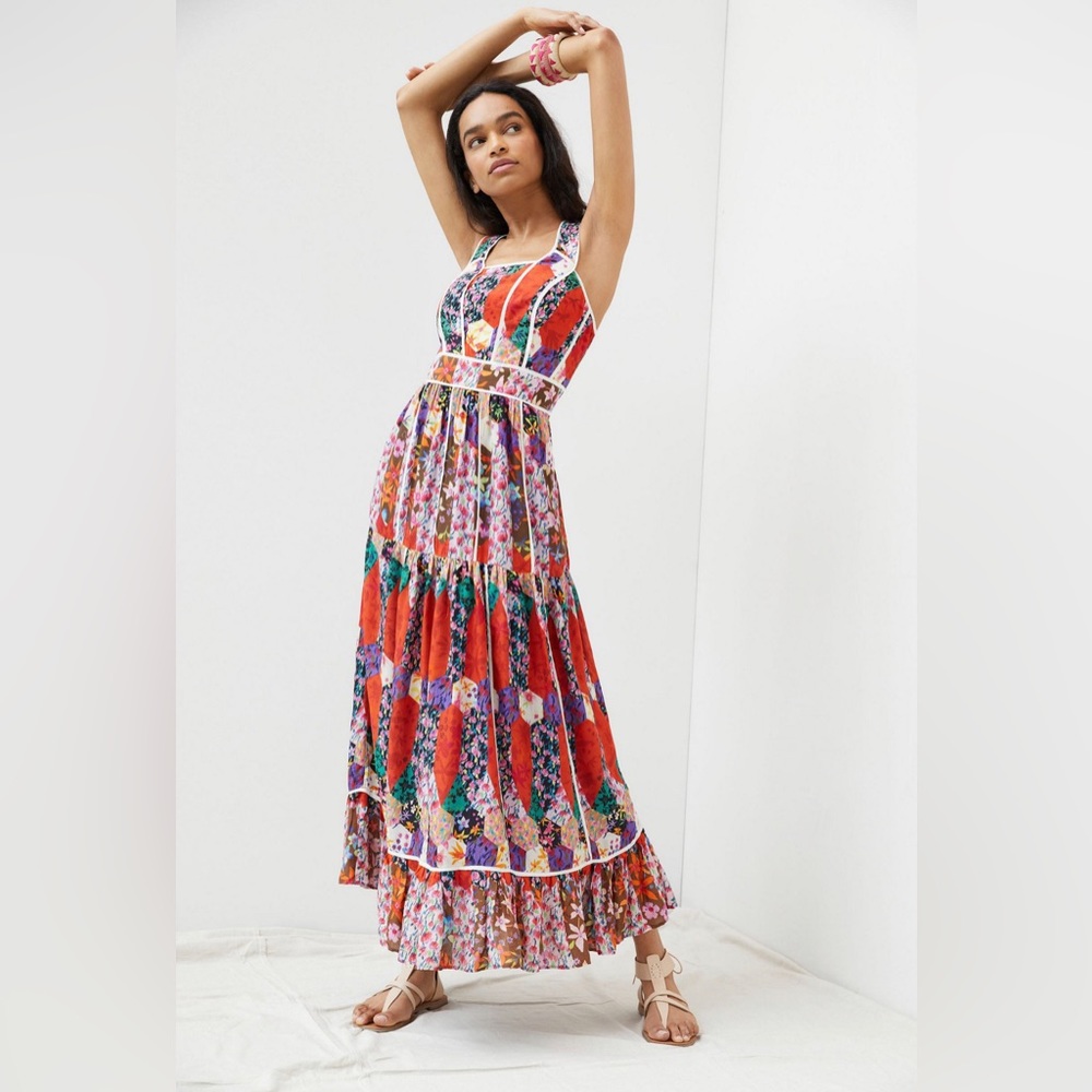 Anthropologie Red Floral Patchwork Print Maxi Dress Pockets